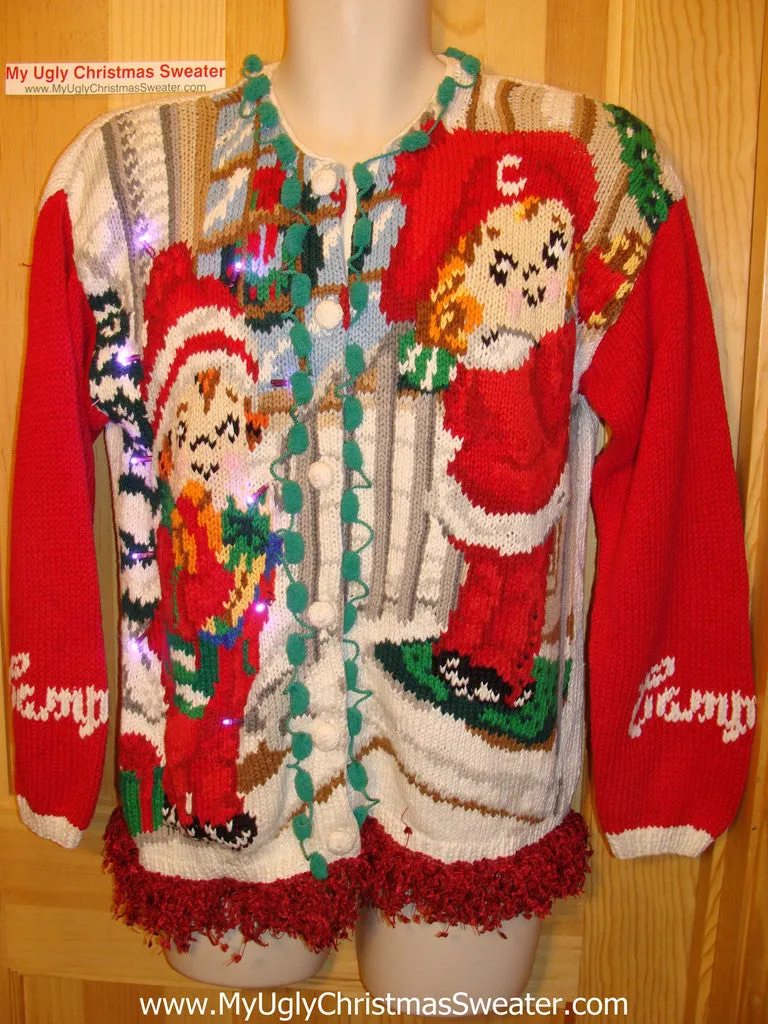 Vintage Campbells Soup 80s (or earlier) Tacky Ugly Christmas Sweater with Lights and Fringe (g87)