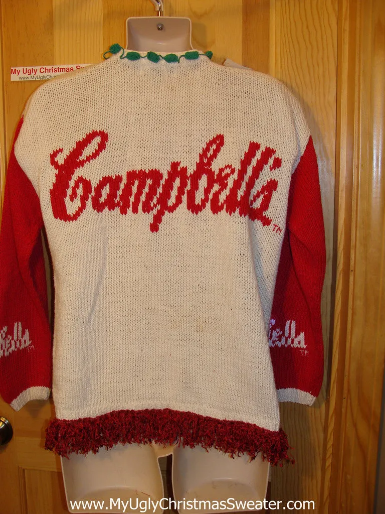 Vintage Campbells Soup 80s (or earlier) Tacky Ugly Christmas Sweater with Lights and Fringe (g87)