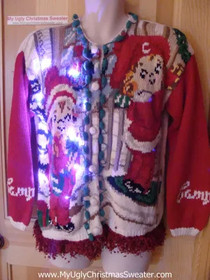 Vintage Campbells Soup 80s (or earlier) Tacky Ugly Christmas Sweater with Lights and Fringe (g87)