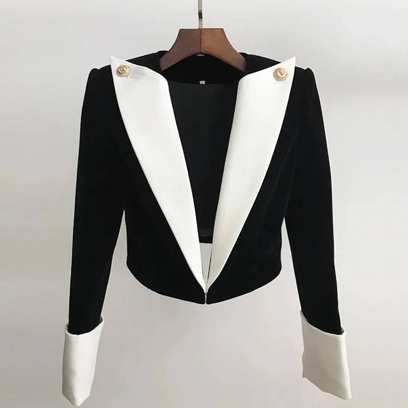 VOGUE GOLD BUTTON BLACK WHITE VELVET BLAZER