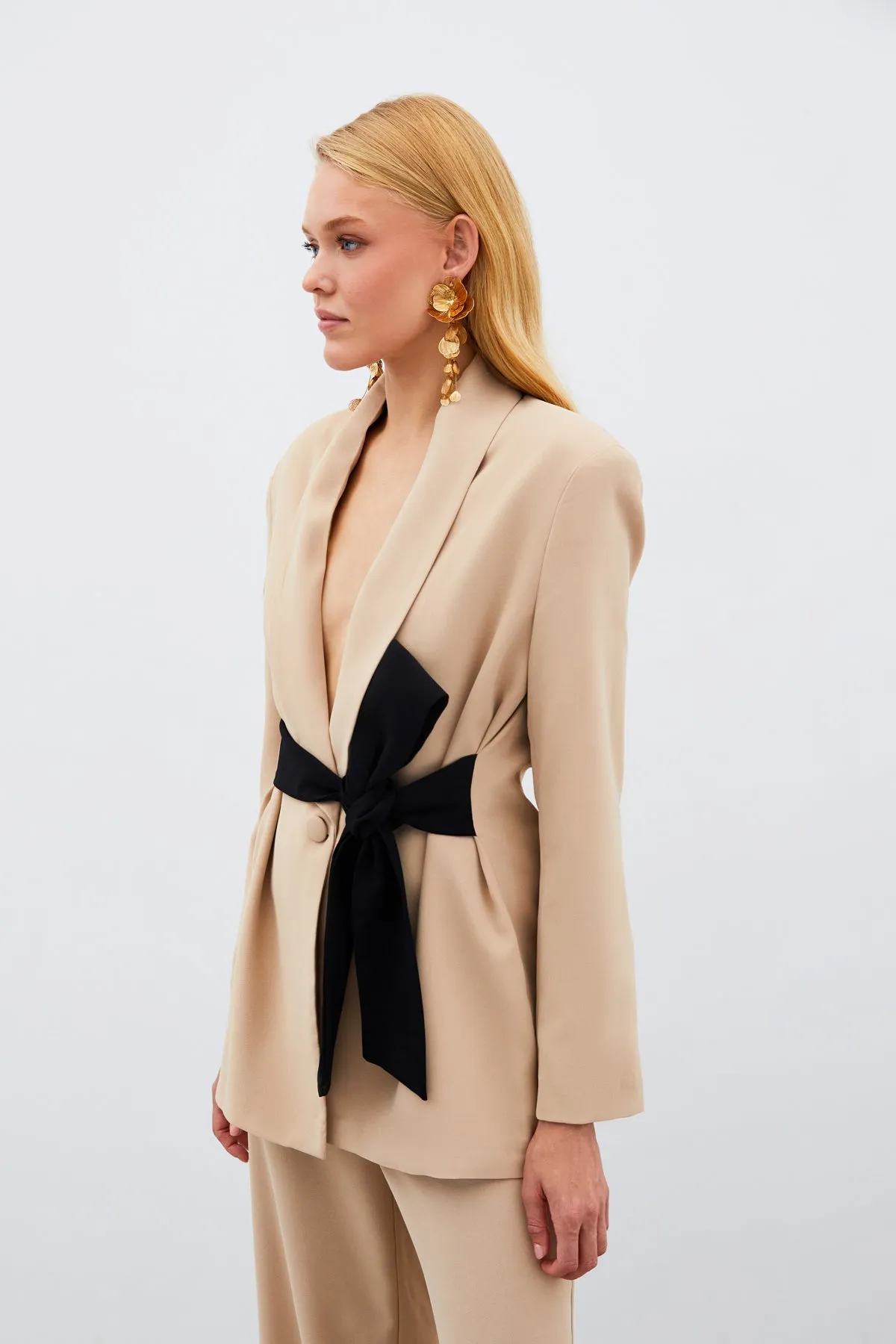 Waist Belted Long Jacket - BEIGE