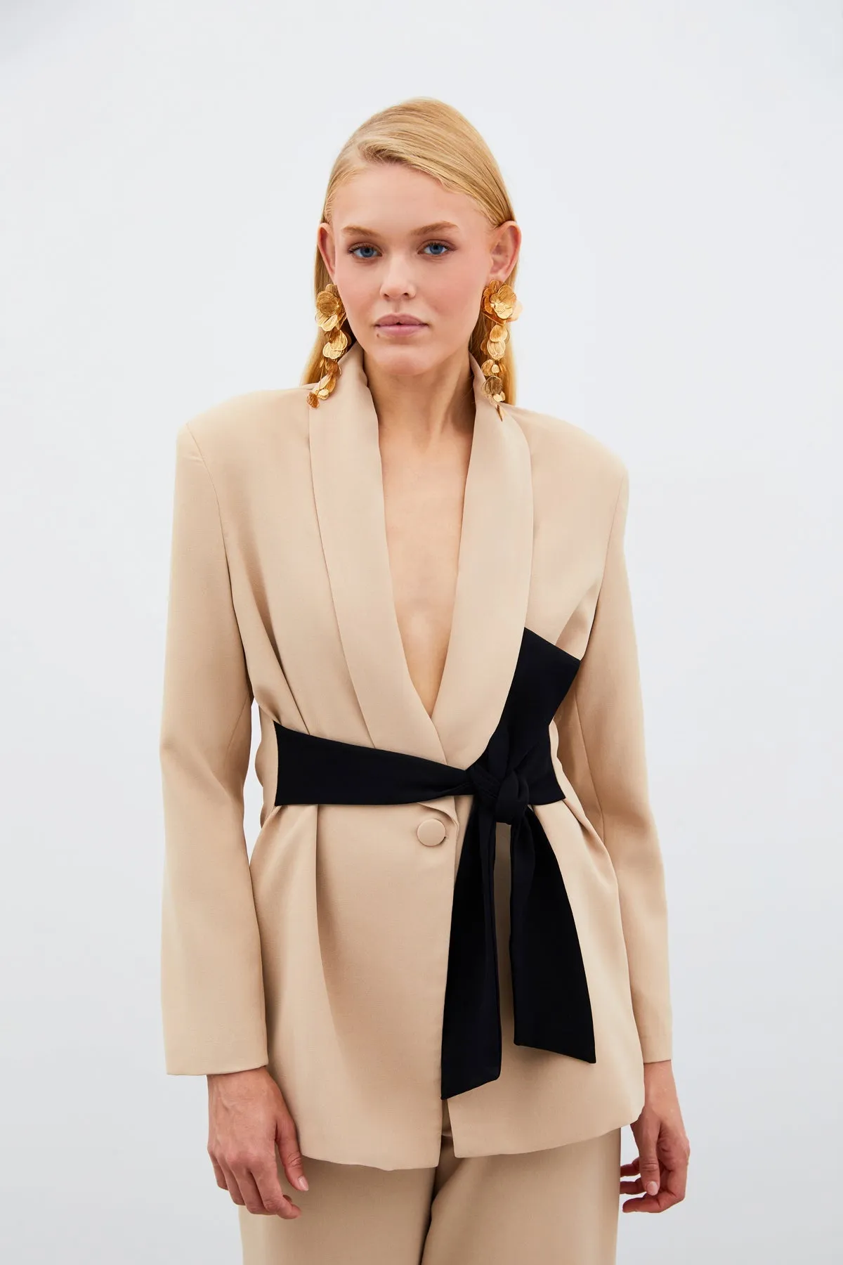 Waist Belted Long Jacket - BEIGE