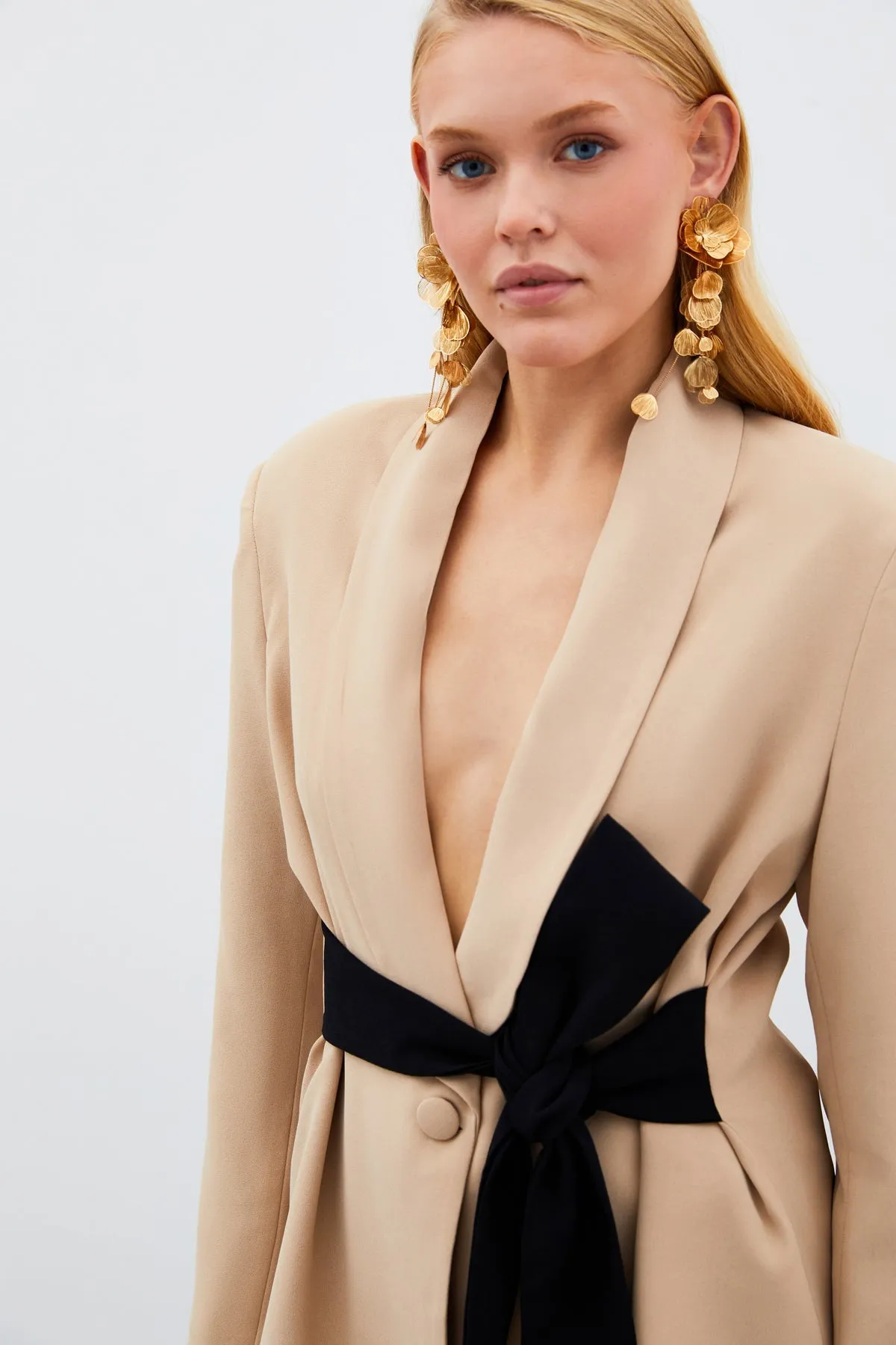 Waist Belted Long Jacket - BEIGE