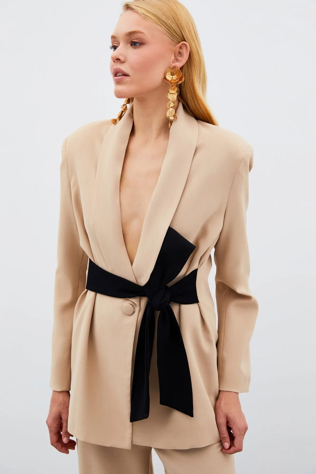 Waist Belted Long Jacket - BEIGE