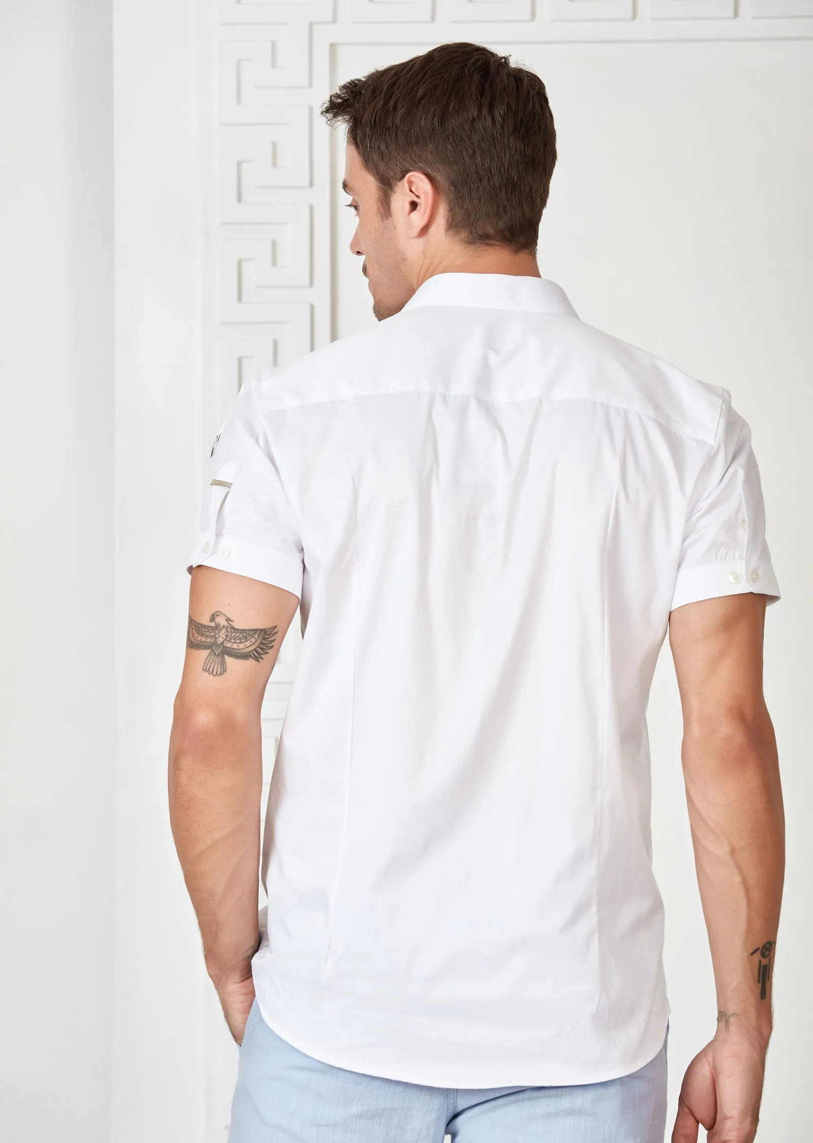 White Buckle Detailed Short Sleeve Shirt