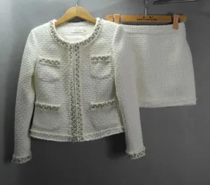 White Tweed Suit Pearls Decoration Tweed Jacket   Long / Short Skirt / Trousers Pants Shorts