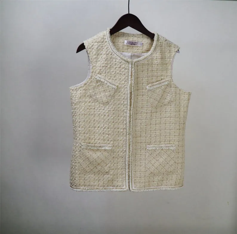 Women CUSTOM MADE Check Pattern Crooked Pockets Tweed Vest Gilet 2 Colors