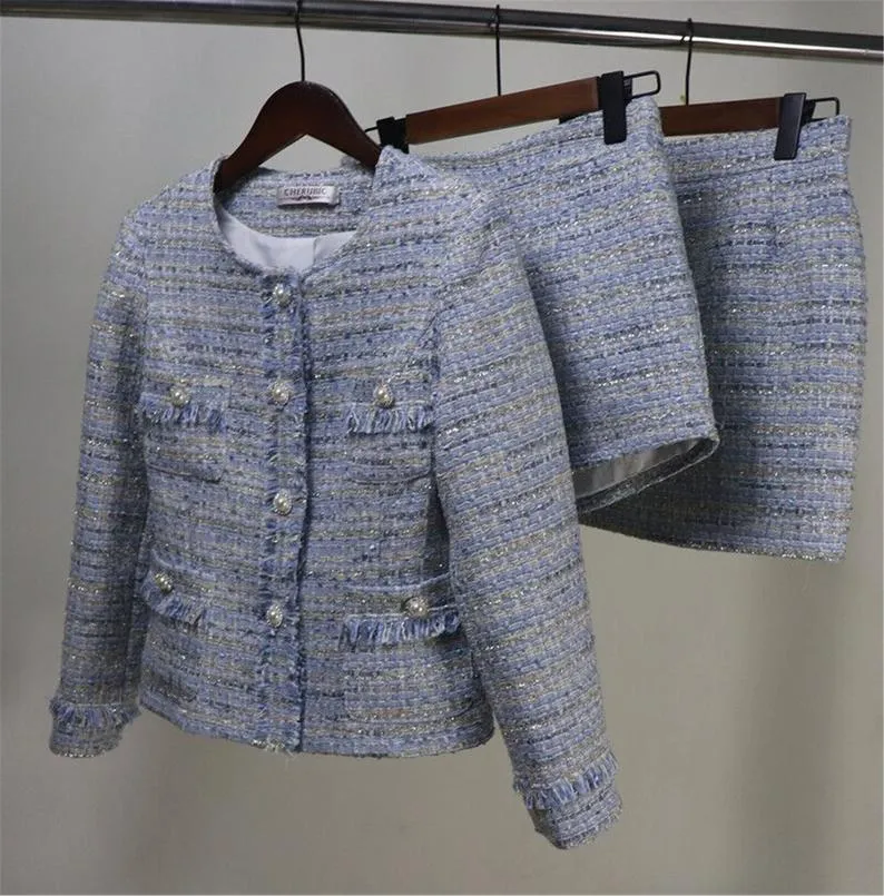 Women Custom Made Pearl Buttons Blue Tweed Skirt / Shorts Suit