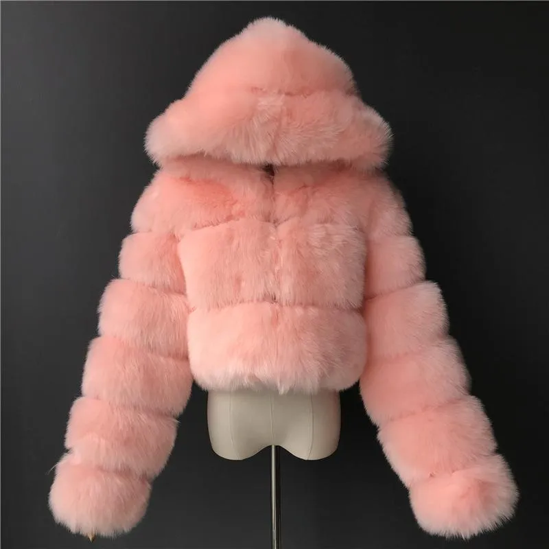 Women hooded cropped solid color long sleeve faux fur coat