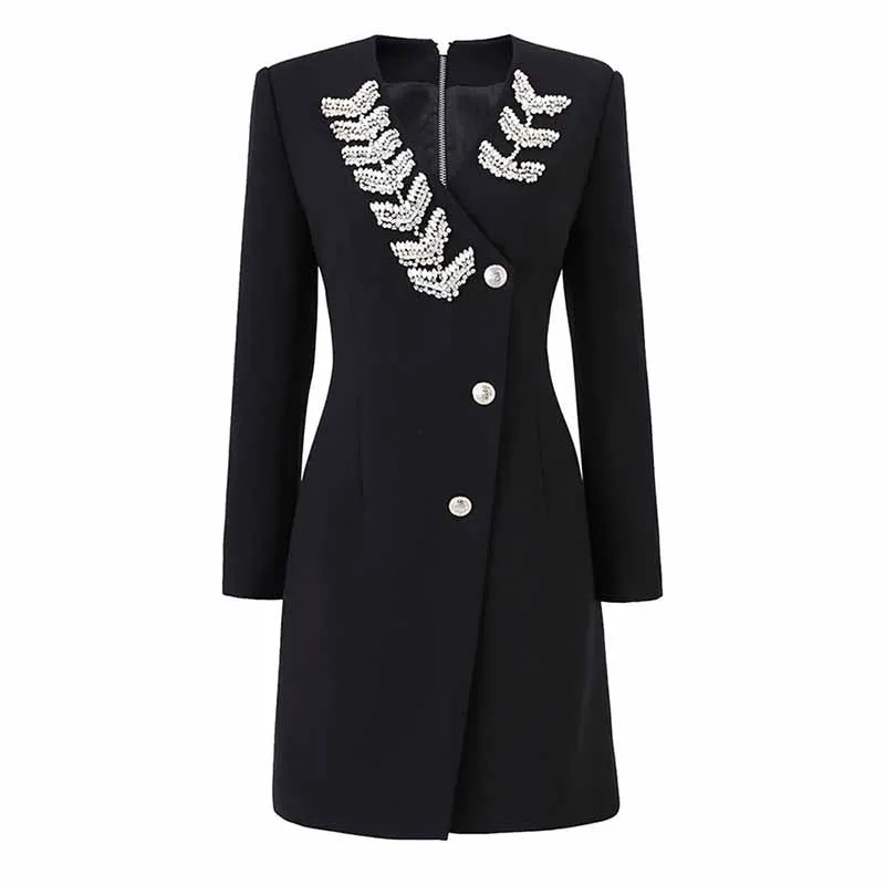 Women Mid Length Black Nail beaded Blazer Dress