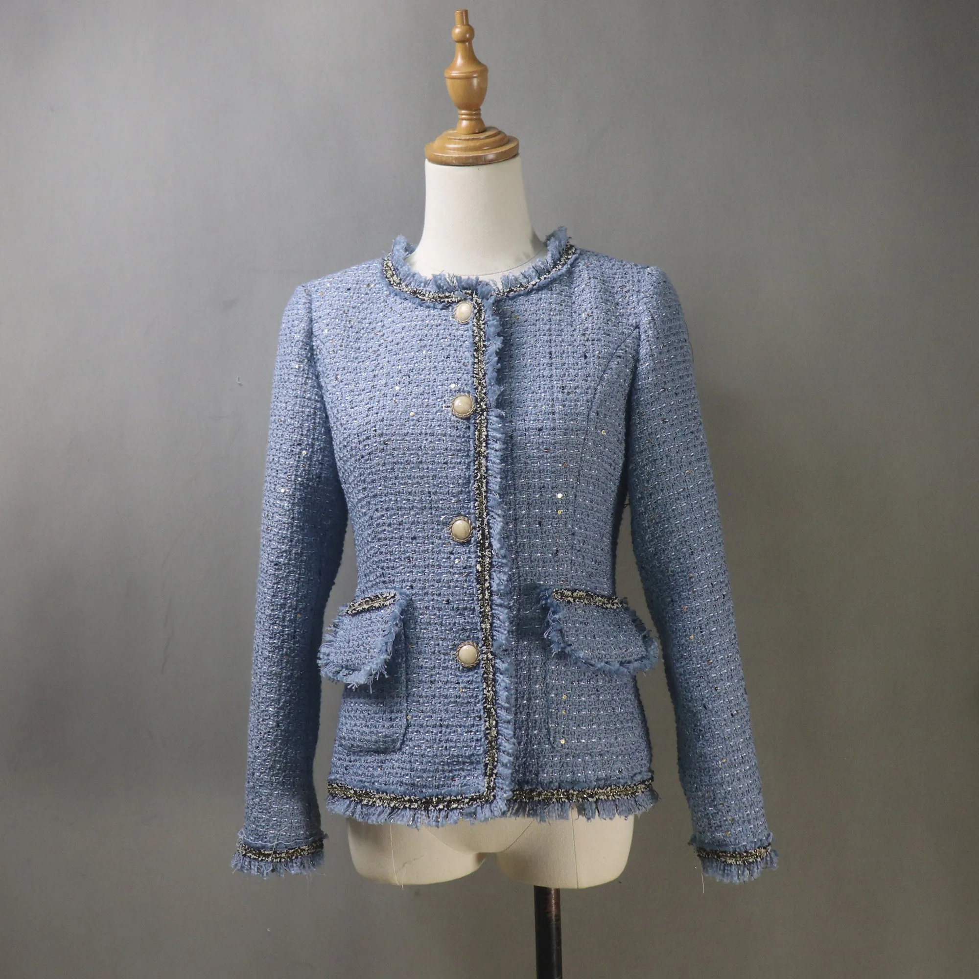 Women's Blue Tweed Sequinned Jacket with Pearls  Button