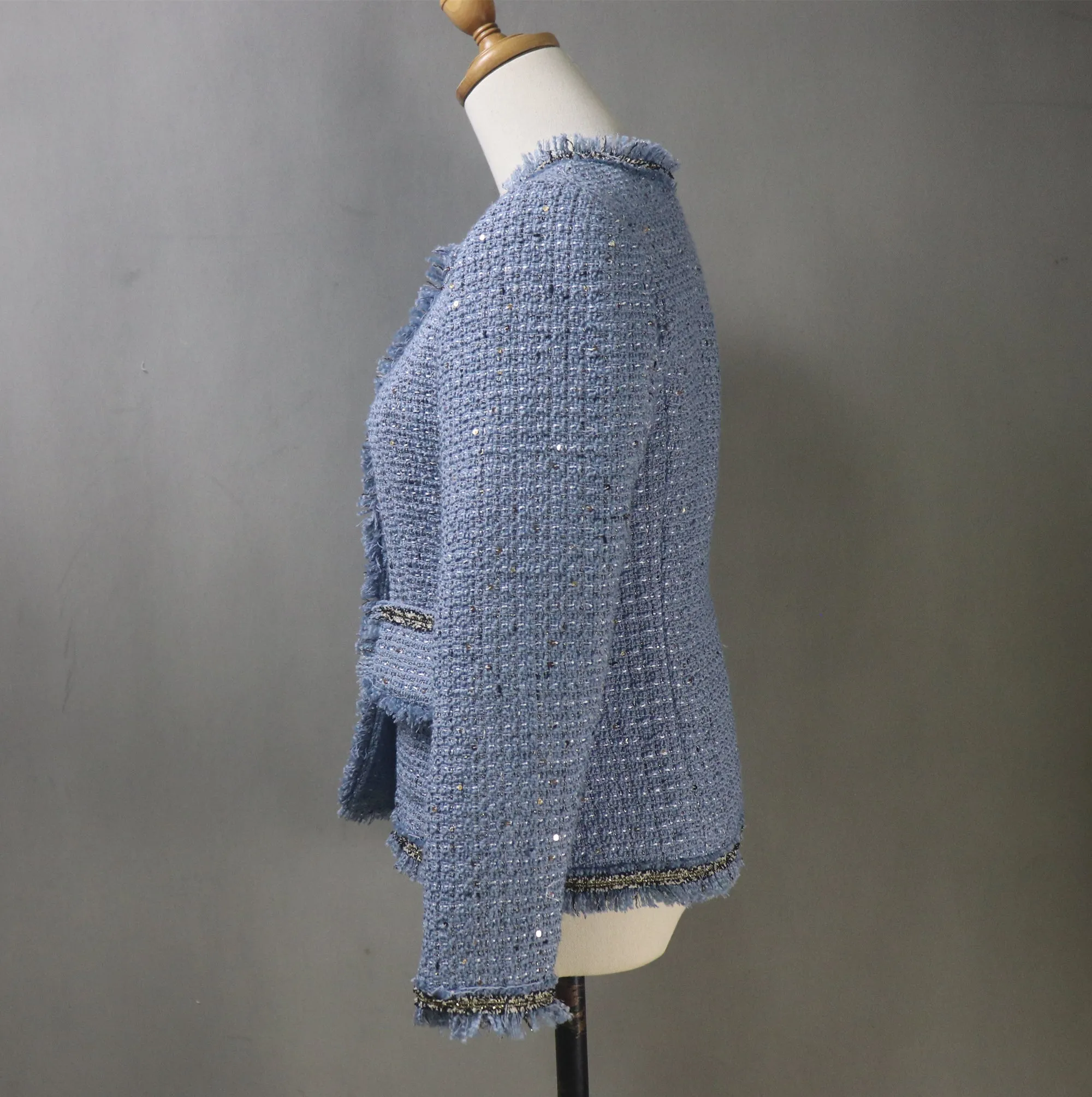 Women's Blue Tweed Sequinned Jacket with Pearls  Button