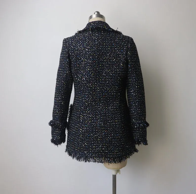 Womens Designer Inspired CUSTOM MADE Tassel Sequined Tweed Jacket Coat Blazer