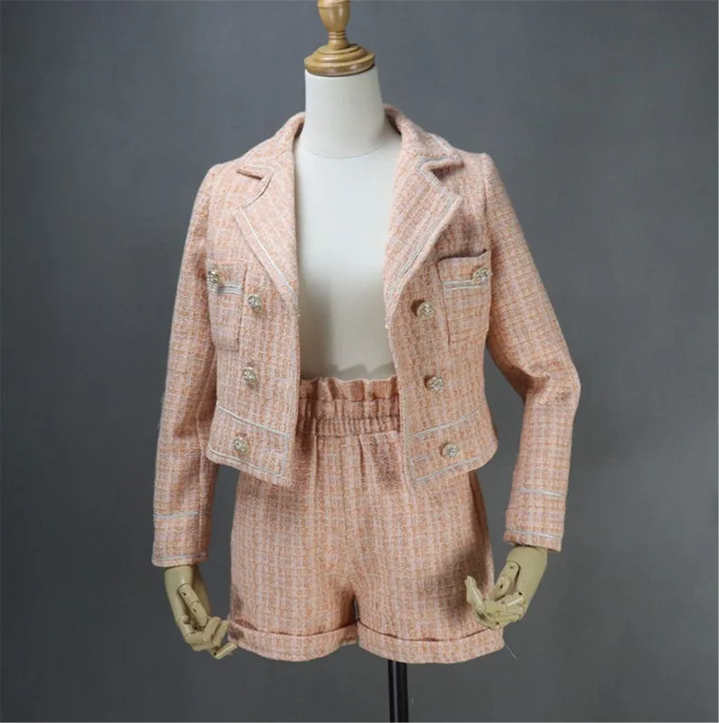 Women's Designer Inspired Hand Made Light Orange Custom Made Tweed Shorts/Skirt Suit