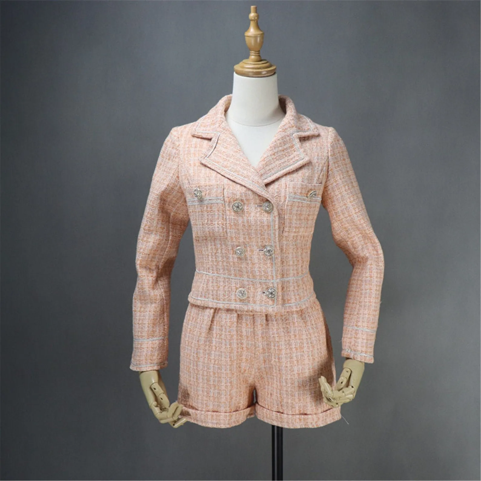 Women's Designer Inspired Hand Made Light Orange Custom Made Tweed Shorts/Skirt Suit