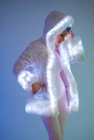 Women's LED Petite Playa Coat in "White Velvet Unicorn Sequin "