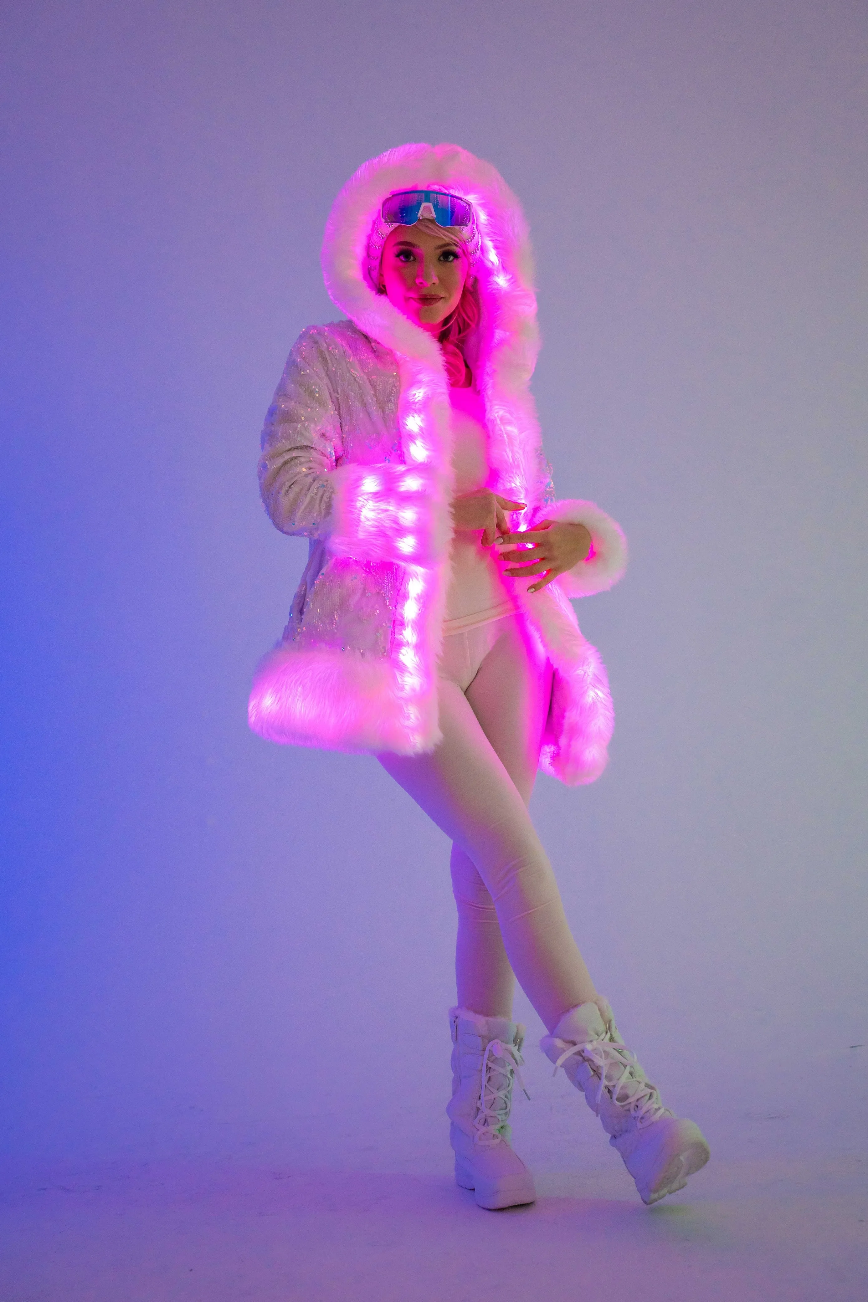 Women's LED Petite Playa Coat in "White Velvet Unicorn Sequin "