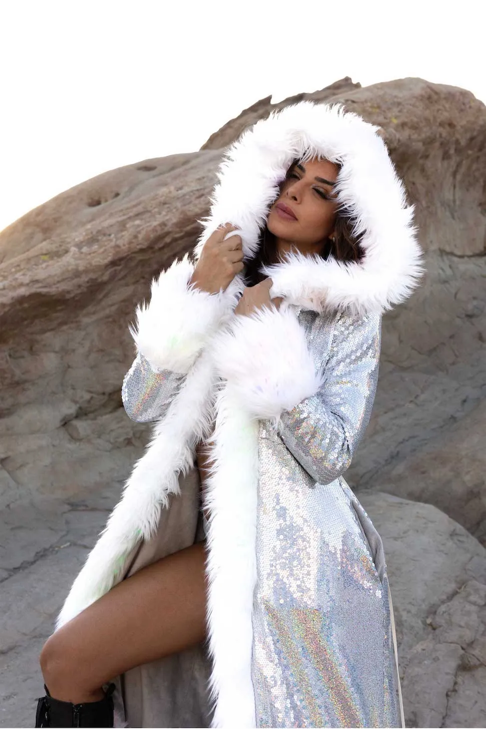 Women's Sequin Temptress Coat in "White Silver"