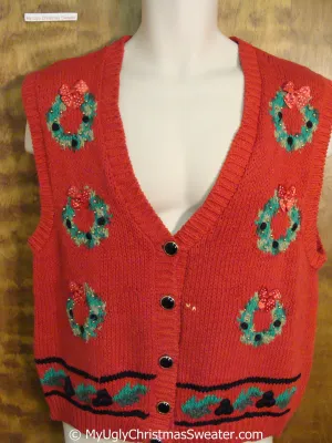 Wreath Themed Red Cheap Christmas Sweater Vest